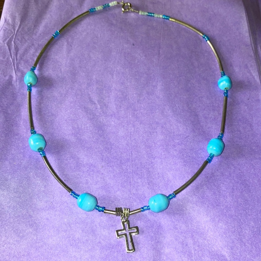 Vintage glass bead cross choker necklace